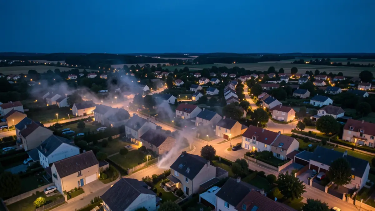 Vue aérienne d'une opération de démoustication ciblée dans une commune de Nouvelle-Aquitaine au crépuscule.