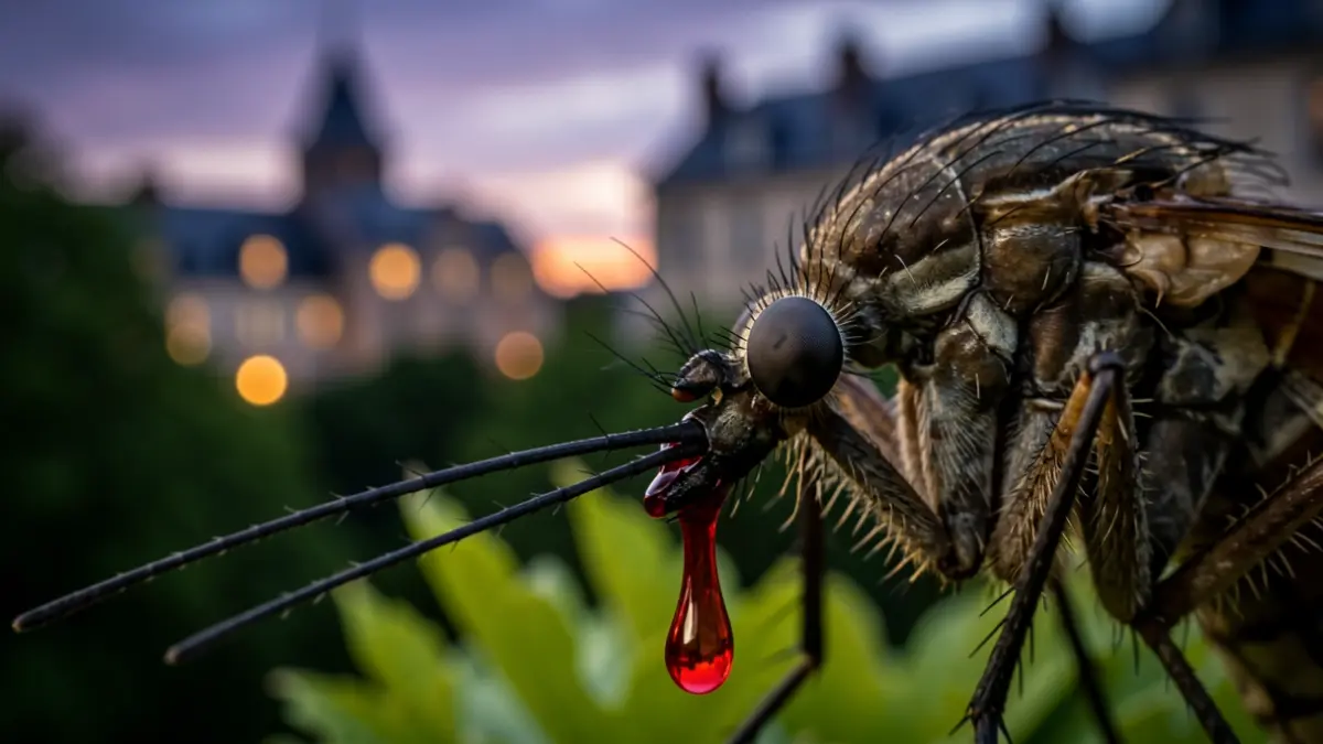 Gros plan sur la tête d'un moustique avec une goutte de sang sur sa trompe, sur fond flou de feuillage vert et d'une ville française au crépuscule.