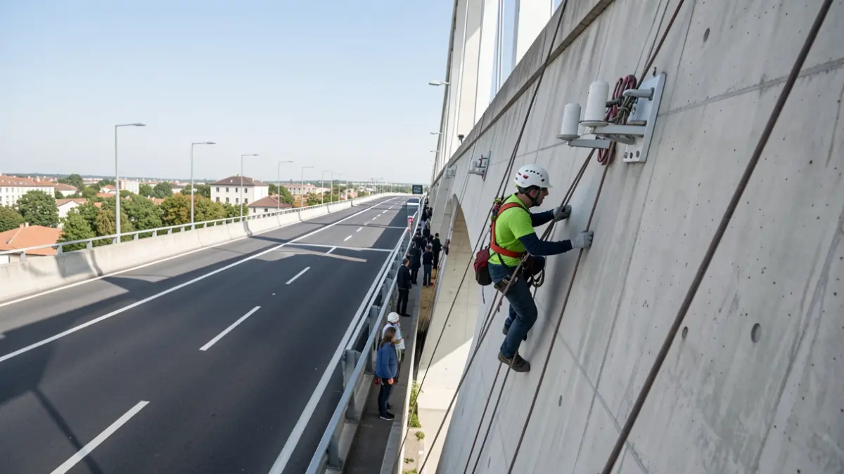 Des cordistes installent des sondes de surveillance sur le pont de Burruntz à Arbonne.
