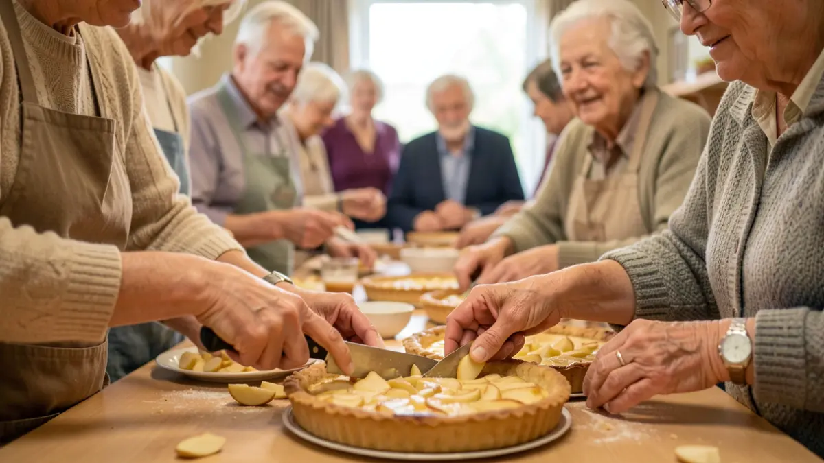 Students and residents prepare an apple tart in a warm atmosphere.