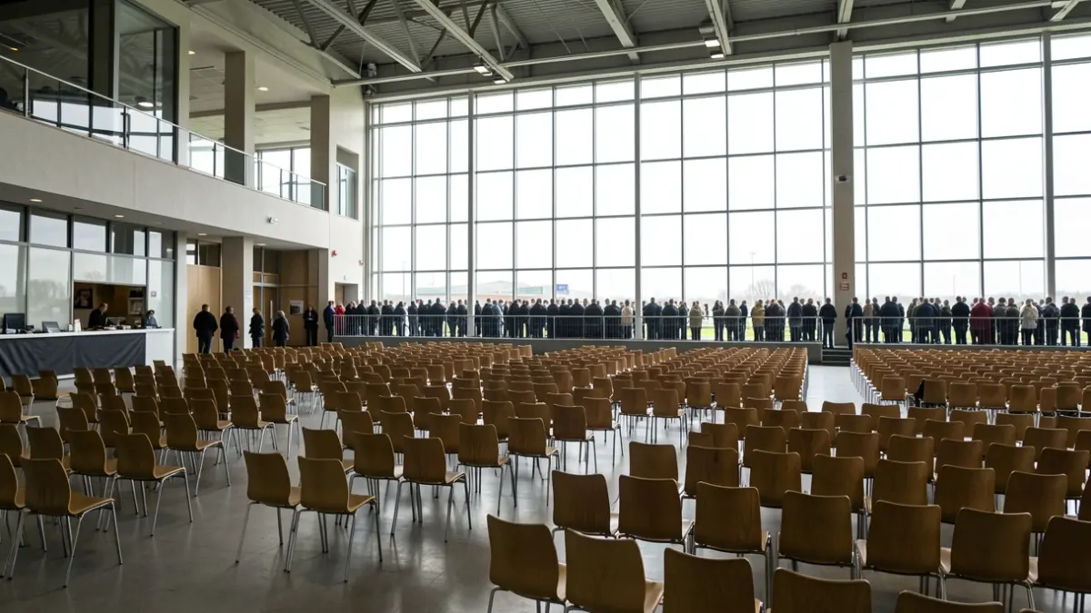 Generic image of the reception areas of a sports stadium, with empty seats and daylight.
