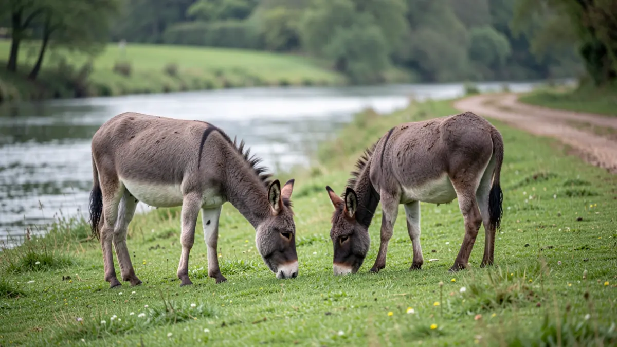 Image générique de deux ânes broutant dans une prairie humide près d'une rivière.