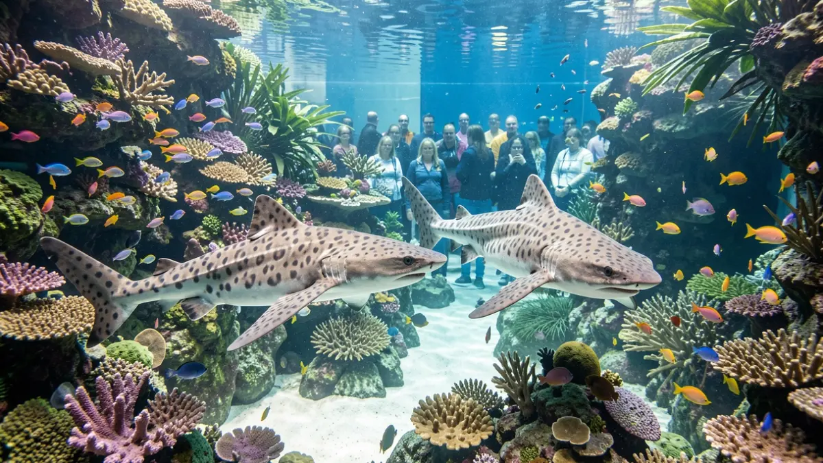 Image générique de deux jeunes requins léopards nageant dans un grand aquarium tropical.