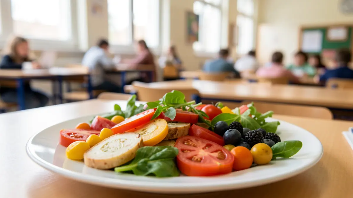 Assiette de repas scolaires mettant en valeur des produits français et locaux.