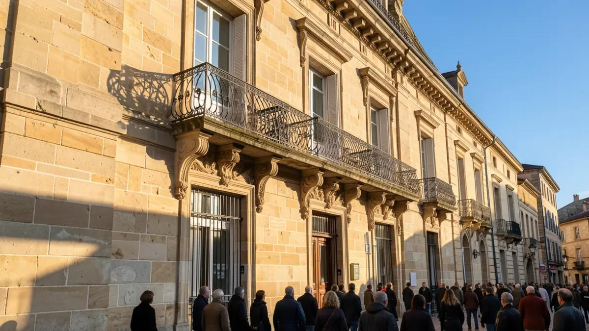 Image générique de la façade d'un bâtiment officiel, avec des éléments architecturaux classiques et un ciel bleu.