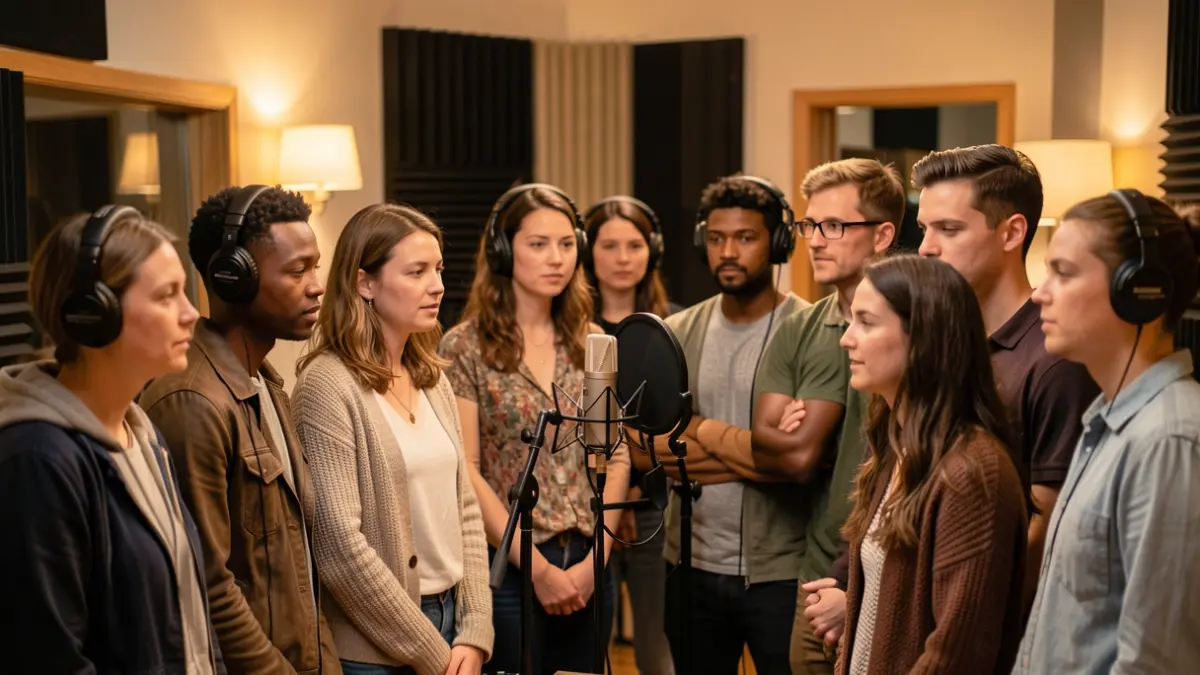 Image générique d'un studio d'enregistrement avec des personnes participant à un casting vocal.
