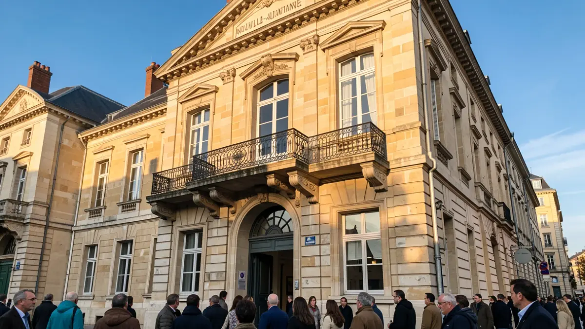 Façade en pierre d'un hôtel de ville de Nouvelle-Aquitaine avec balcon orné et balustrade en fer forgé, soleil d'après-midi chaud projetant des ombres sur les murs en grès, ciel bleu, style photographie documentaire.