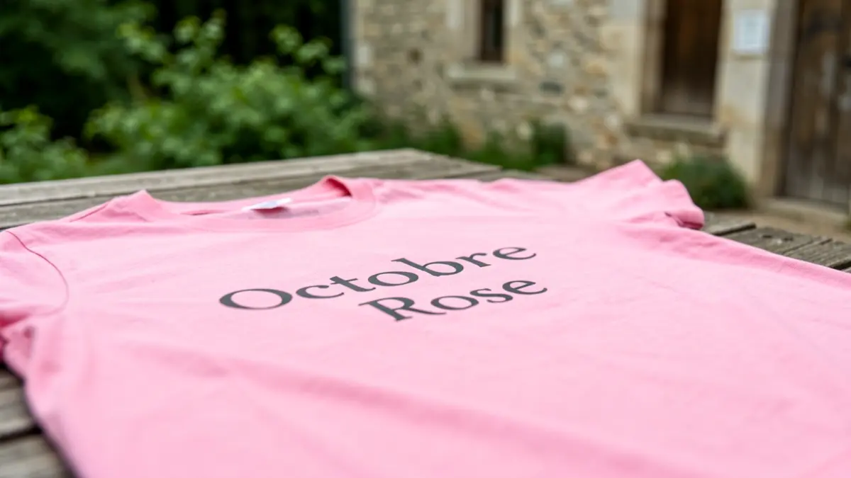 T-shirt rose 'Octobre Rose' posé sur une table en bois avec des feuilles vertes et une façade en pierre en arrière-plan.