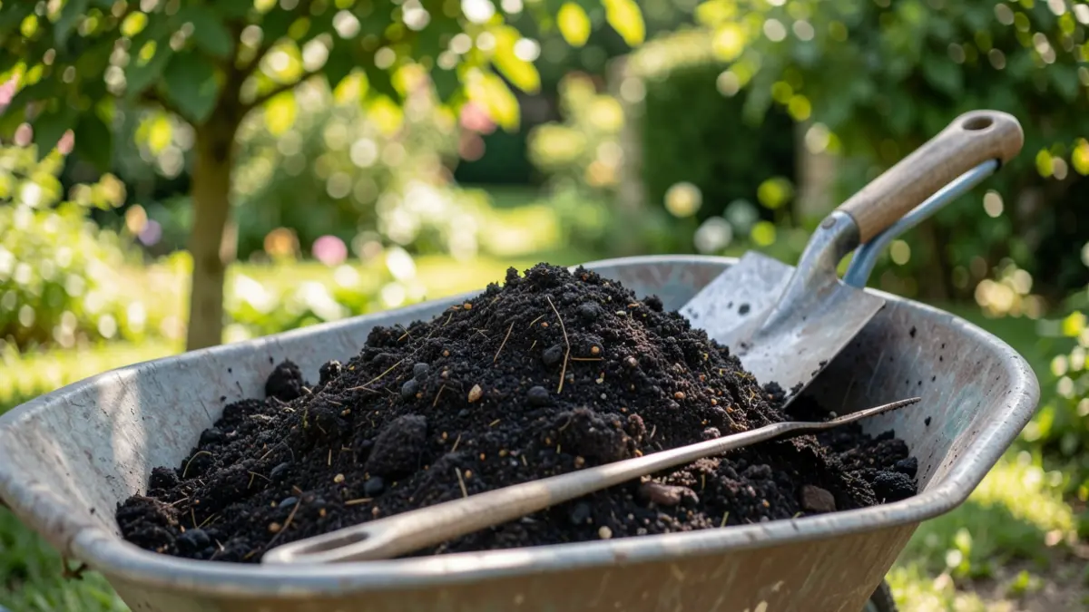 Image générique de compost dans une brouette, avec un jardin flou en arrière-plan.