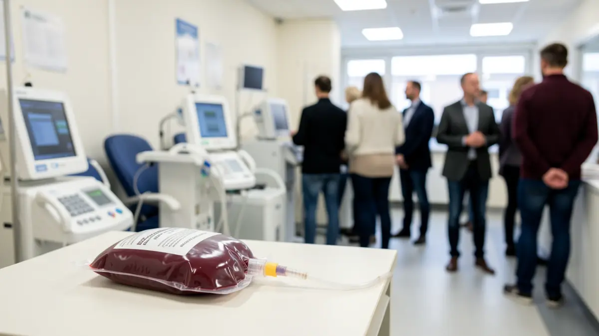 Image générique d'un centre de don du sang avec une poche de sang sur une table et du matériel médical flou en arrière-plan.