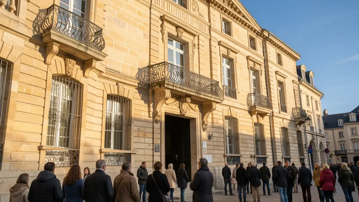 Stone facade of a Nouvelle-Aquitaine town hall with ornate balcony and iron railings, warm afternoon sunlight casting shadows on the sandstone walls, blue sky, documentary photography style.