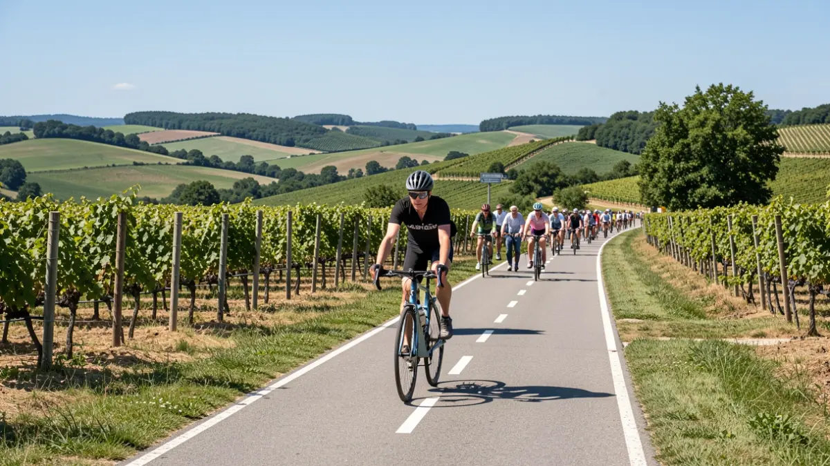 Cycliste sur une piste cyclable en Dordogne, entouré de collines verdoyantes et de vignobles.