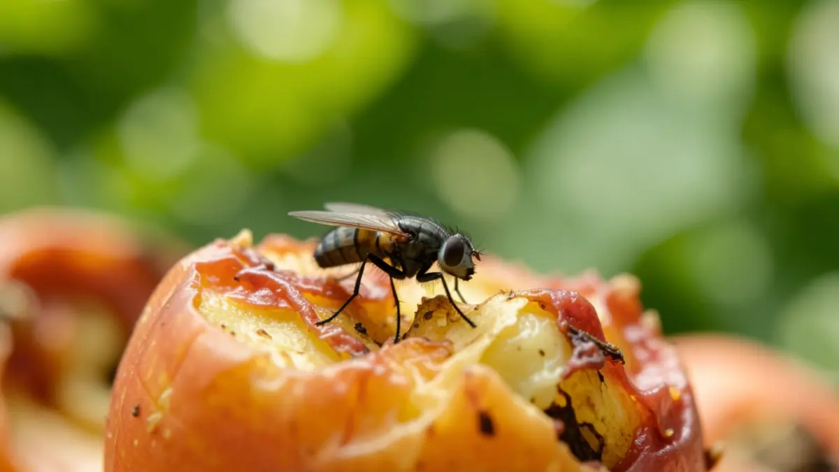 Close-up of a fruit fly on decaying fruit, with blurred foliage in the background.