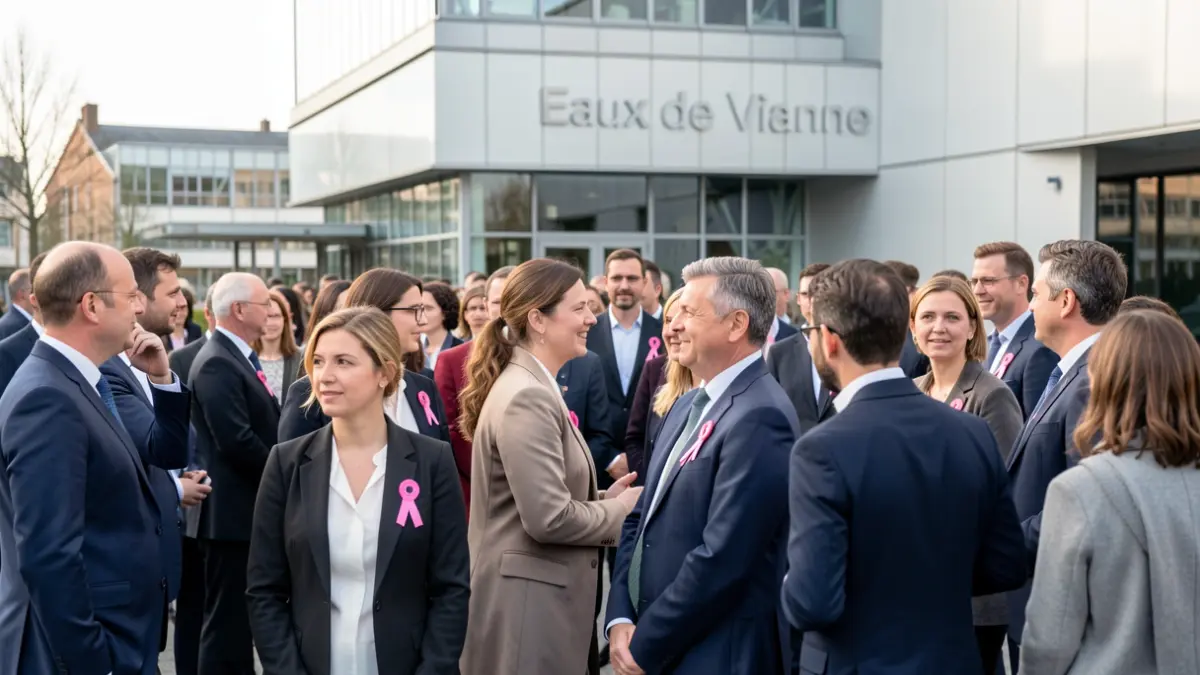 Image générique de personnes se rassemblant pour une cause de sensibilisation, portant des rubans roses devant un bâtiment institutionnel.