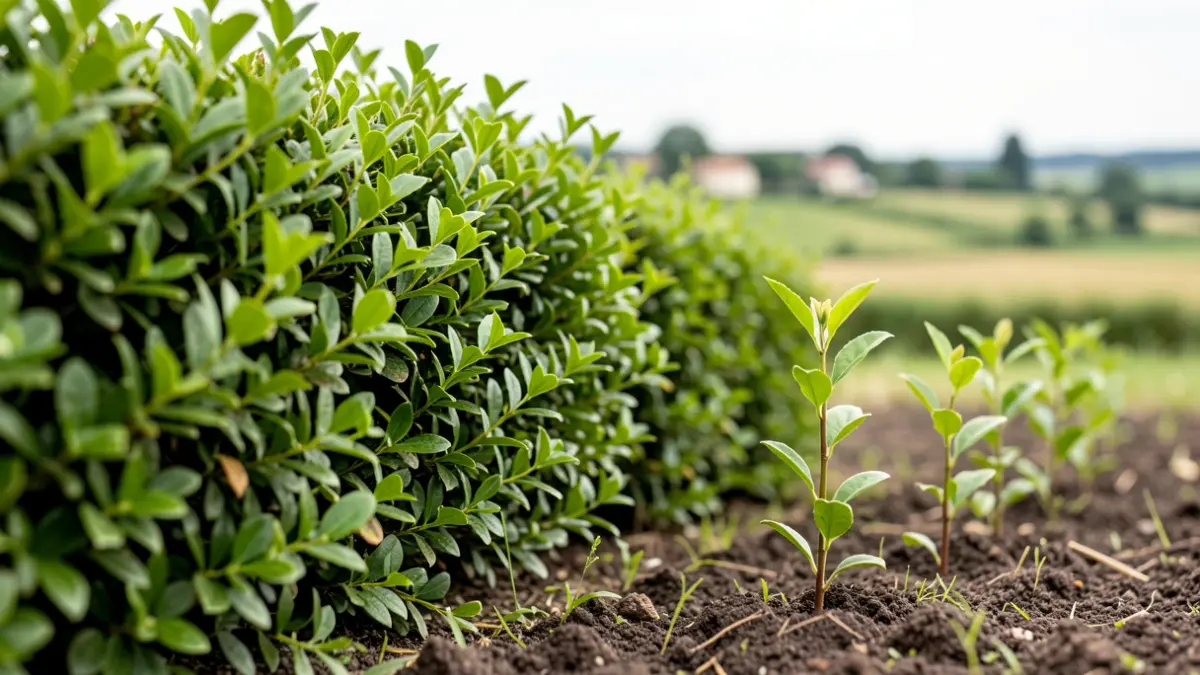 Image générique de jeunes plants de haies et de matériel de plantation dans un paysage rural.