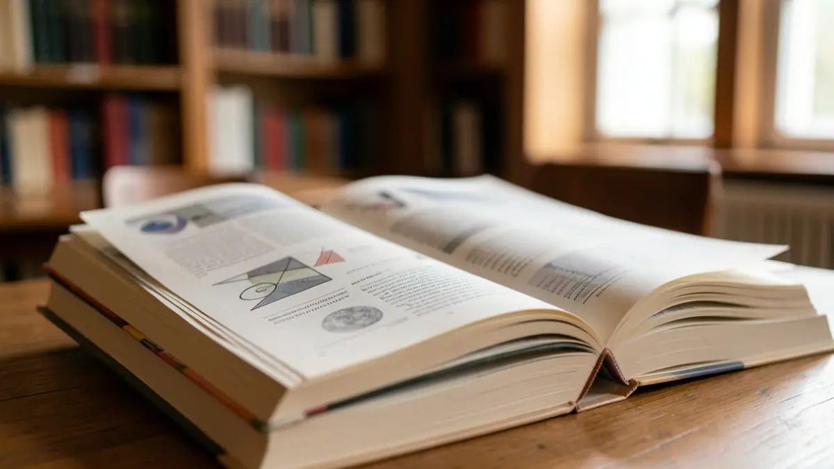 Close-up of a stack of books with titles blurred, resting on a wooden table. The books are open, revealing pages with abstract diagrams and text. Soft, natural light illuminates the scene, creating a warm and inviting atmosphere. The background is a slightly blurred image of a library or study.