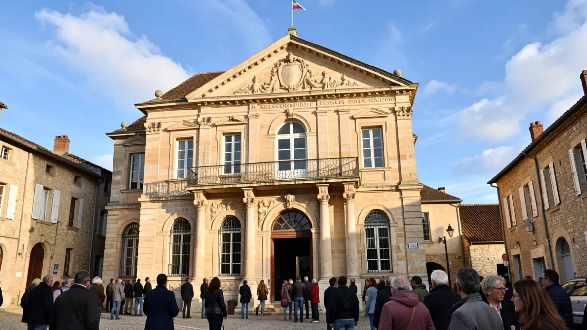 Façade de la mairie d'Égletons, Nouvelle-Aquitaine, sous le soleil d'après-midi.