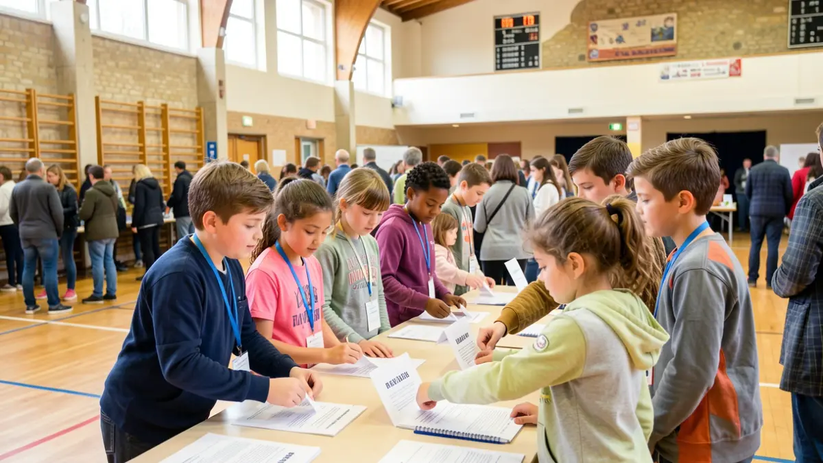 Image générique d'enfants votant dans une école. Jamais de noms propres. N'affirme jamais que c'est le fait réel.