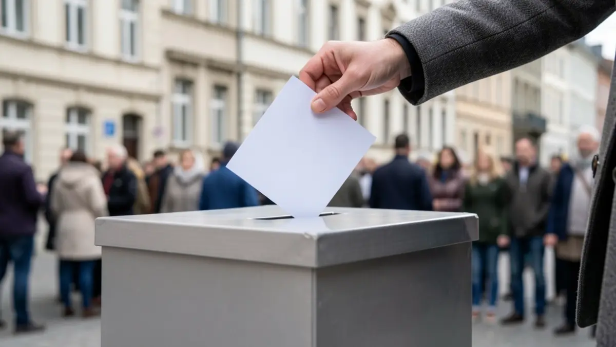Generic image of a ballot box with a hand dropping a vote, set against a blurred apartment building facade.