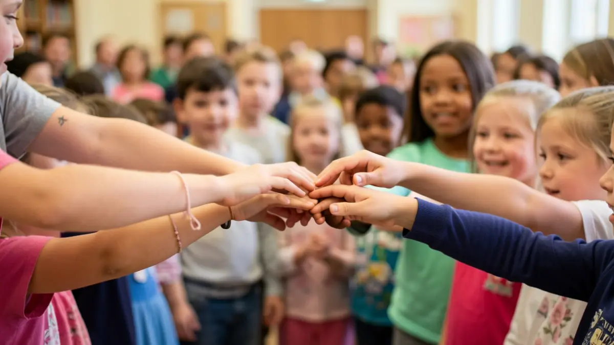 Generic image of children's hands reaching towards the center.