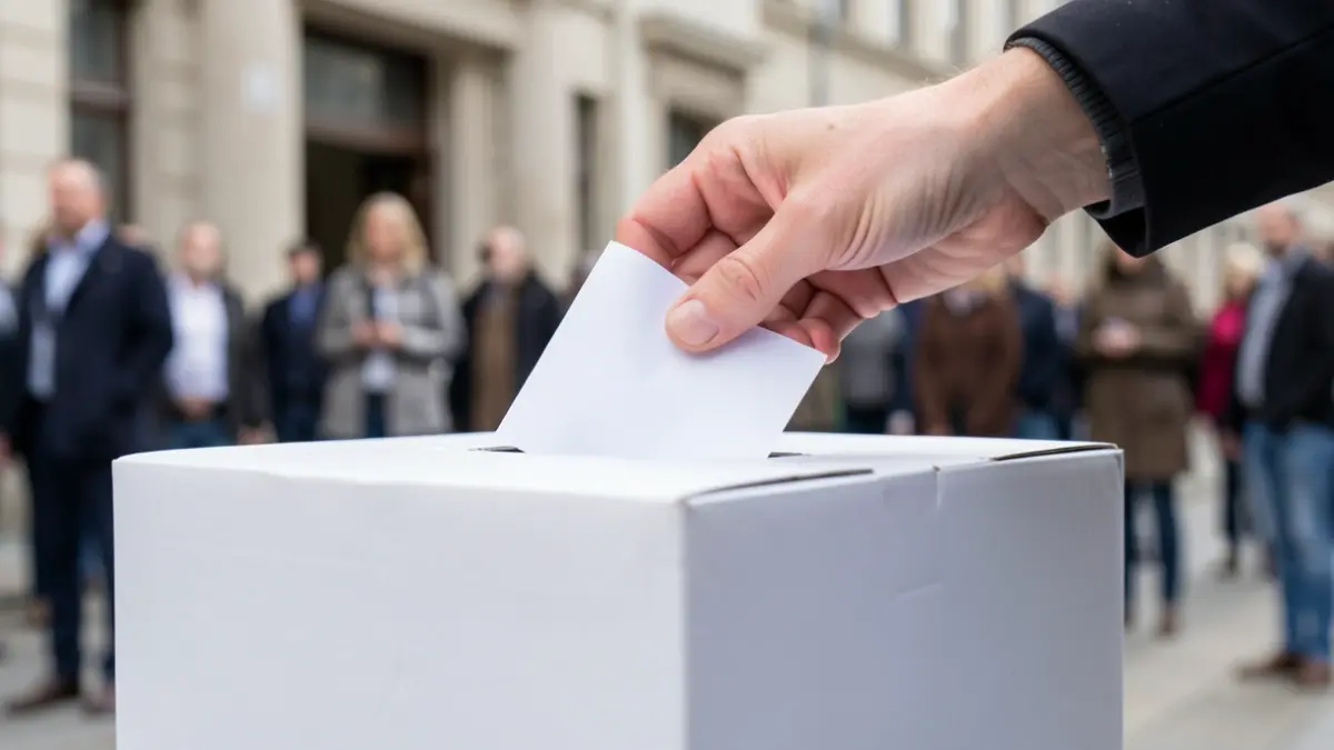 Generic image of a ballot box with a hand dropping a vote into it, blurred institutional building background.