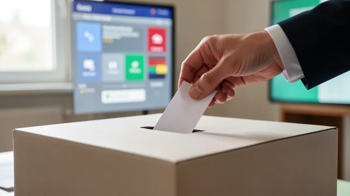 Image générique d'une urne électorale avec une main déposant un bulletin, symbolisant le vote électronique.