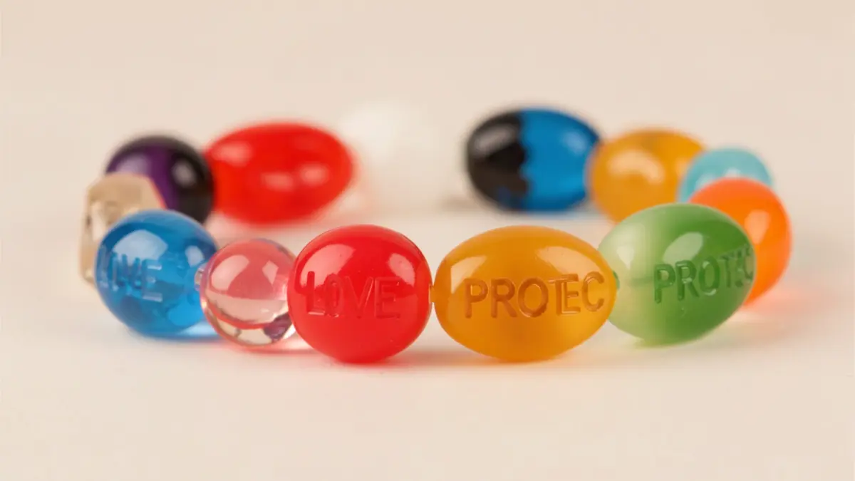 Generic image of colorful handmade resin jewelry with inscriptions.
