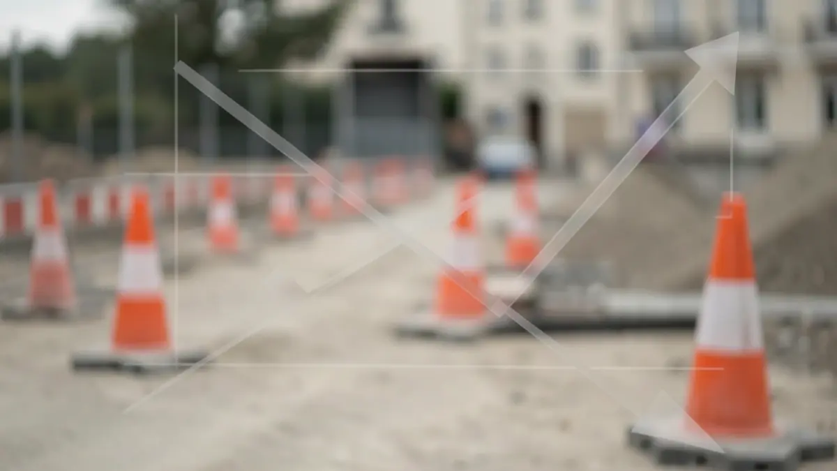 Image générique de barrières de chantier et cônes orange avec un graphique descendant.