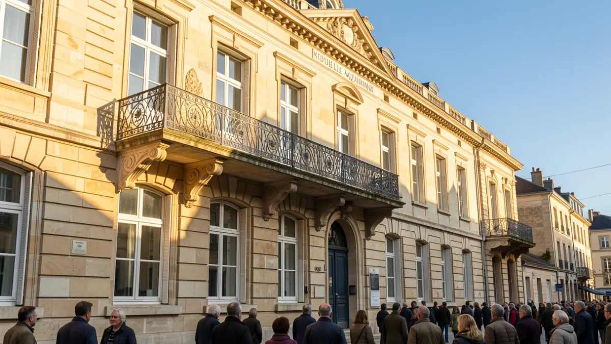 Image générique de la façade d'une mairie en pierre avec balcon et balustrade en fer forgé, sous un soleil d'après-midi.