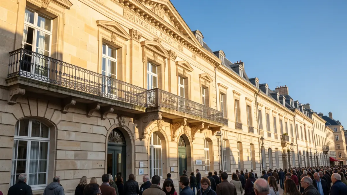 Image générique de la façade d'une mairie en pierre avec balcon orné et balustrade en fer forgé, lumière chaude de l'après-midi sur les murs en grès, ciel bleu.