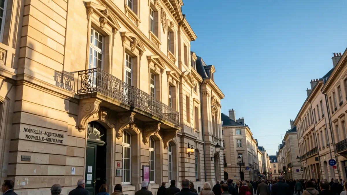 Stone facade of a Nouvelle-Aquitaine town hall with an ornate iron balcony, warm afternoon sunlight.