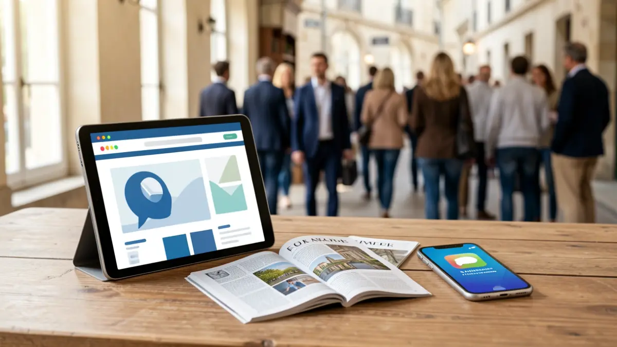 Generic image of various communication media: website on a tablet, printed magazine, and mobile application.