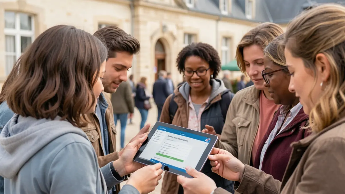 Image générique d'un groupe d'élèves et de parents consultant une tablette.