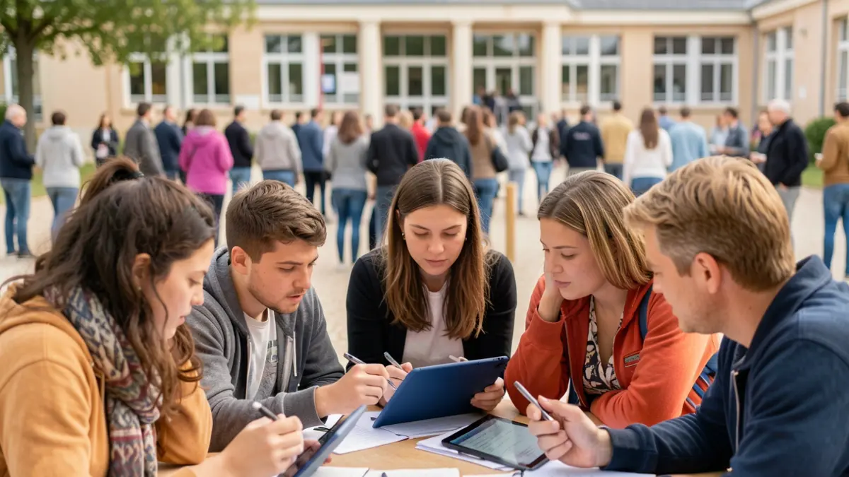 Generic image of middle school students and parents participating in a survey on a tablet, with a blurred background of a school building in Nouvelle-Aquitaine.