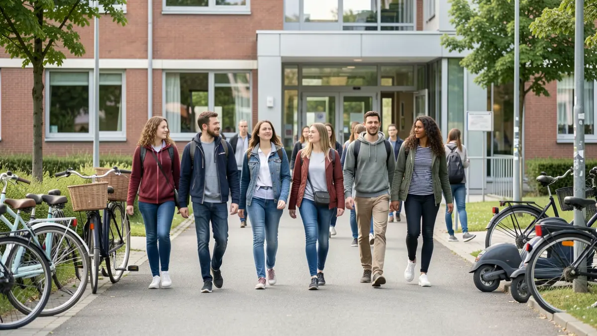 Image générique de collégiens et parents se dirigeant vers un établissement scolaire, avec des vélos et trottinettes à proximité. Lumière du jour.