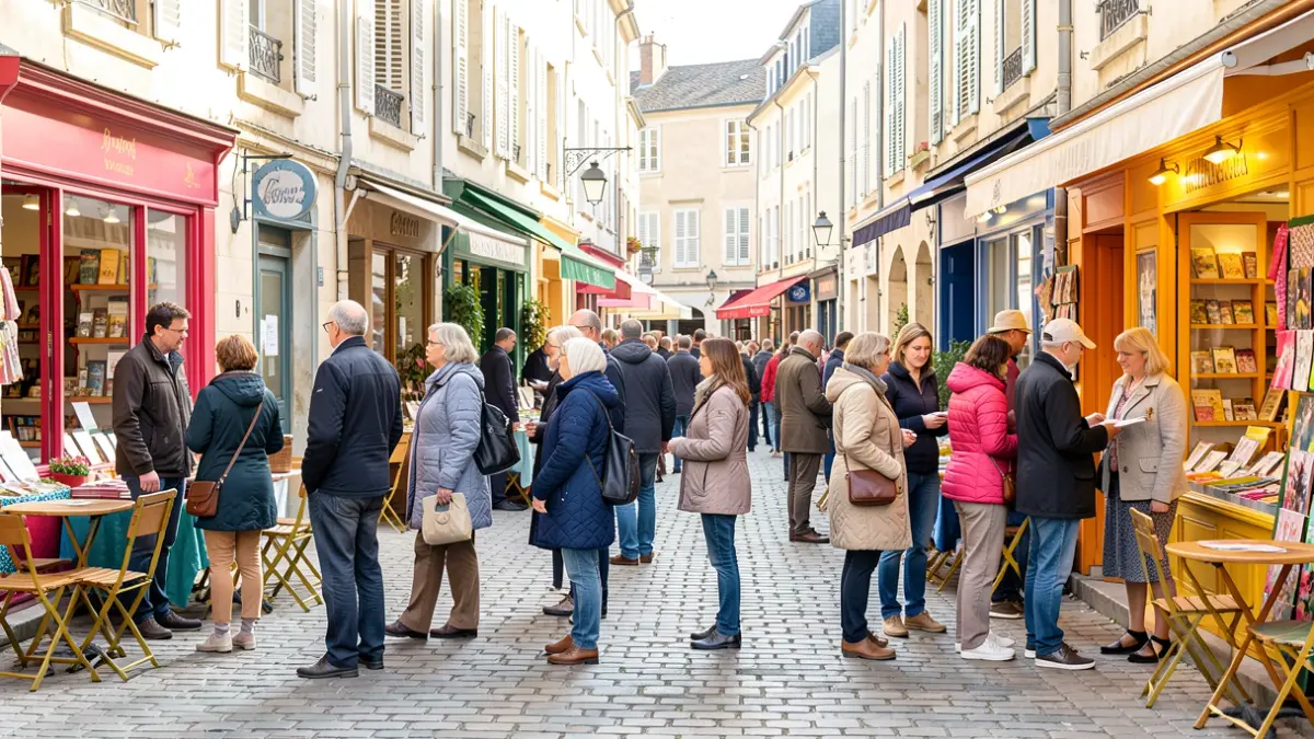 Image générique de commerces de centre-bourg animés en Nouvelle-Aquitaine.