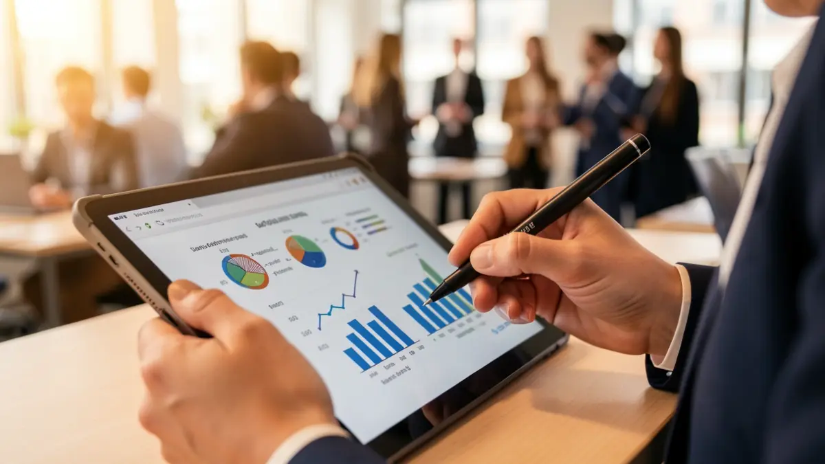 Image générique d'une femme travaillant sur une tablette avec des graphiques financiers.