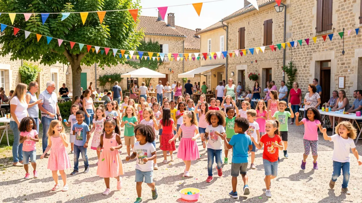 Image générique d'une fête d'enfants dans un village.
