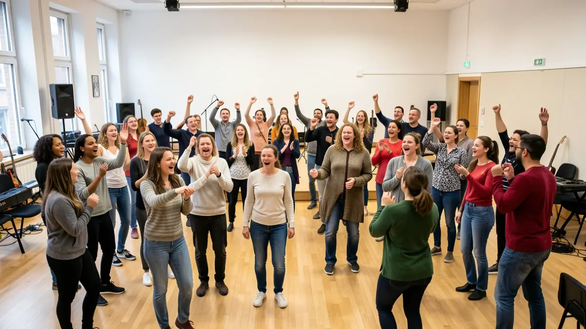 Generic image of a group of people singing and dancing together in a bright space.