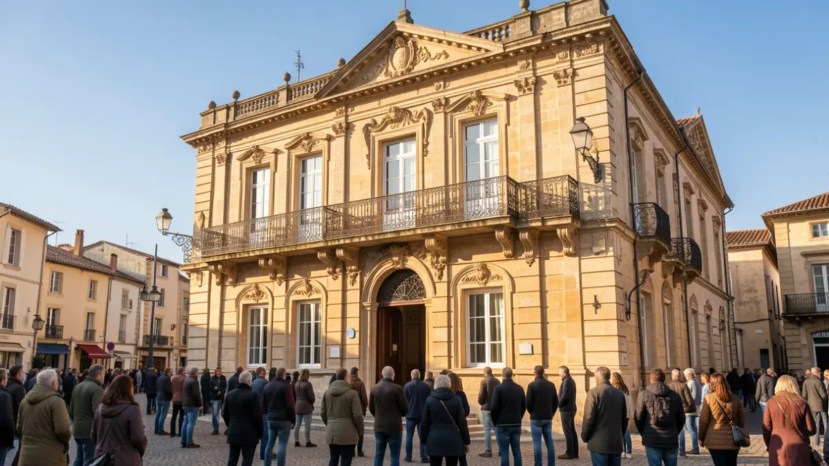 Generic image of a town hall facade in Nouvelle-Aquitaine with ornate balconies and iron railings, under warm afternoon sunlight.