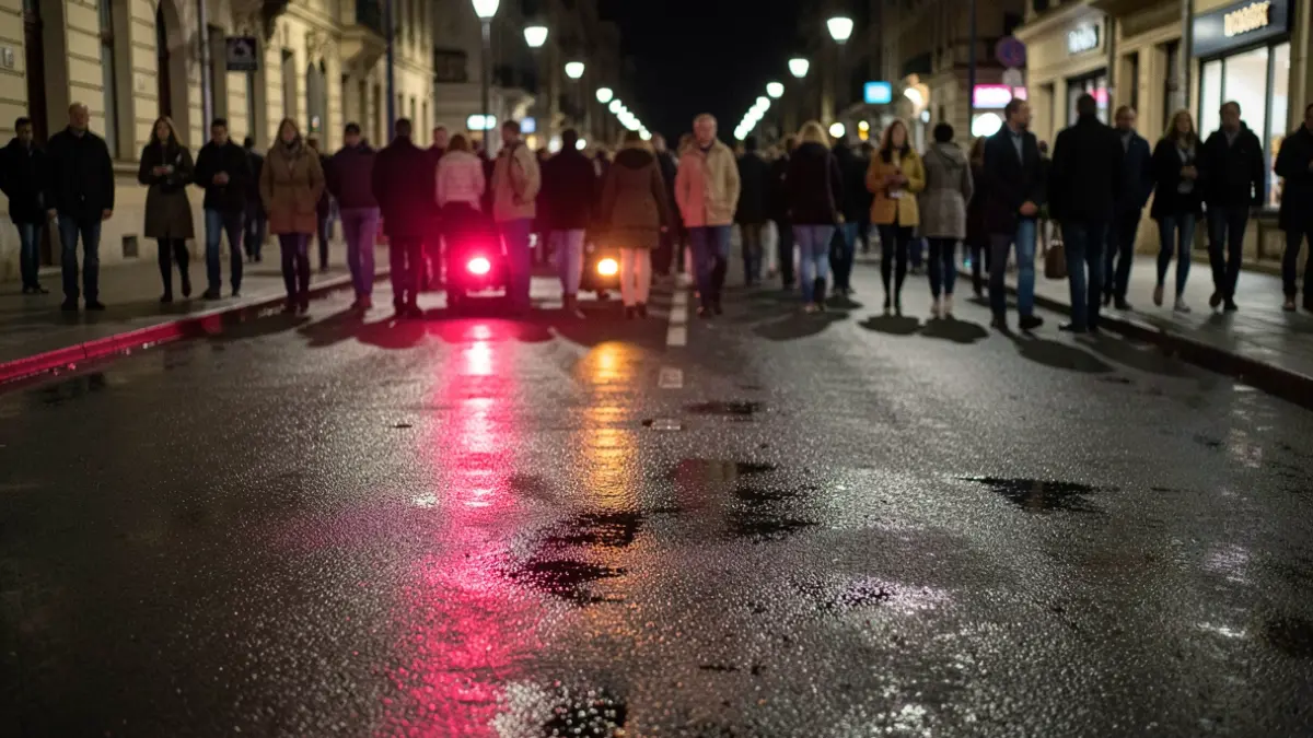 Generic image of blue and red emergency lights reflecting on wet asphalt at night, no vehicles visible.