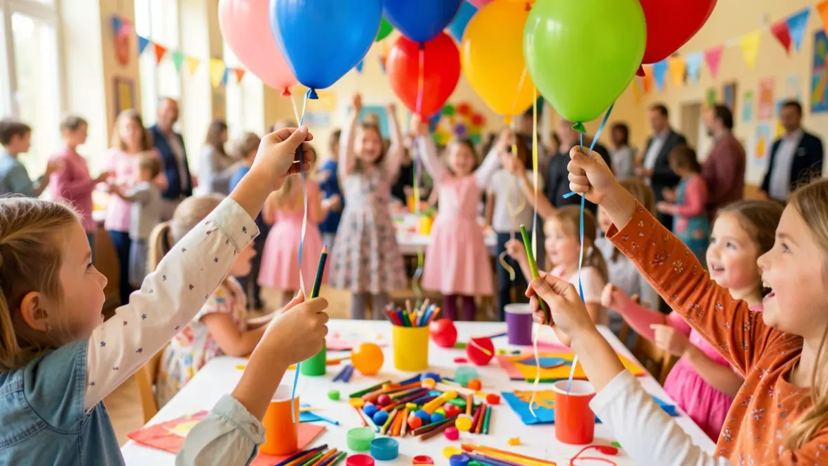 Image générique de mains d'enfants attrapant des ballons et du matériel de bricolage dans une ambiance festive.