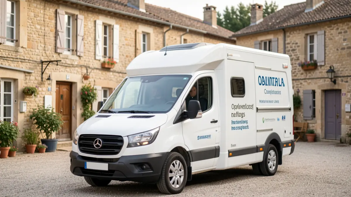 Image générique d'un dispensaire mobile proposant des consultations ophtalmologiques dans un village.