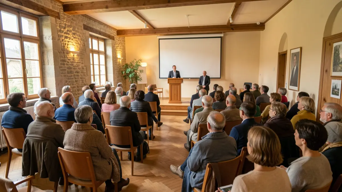 Salle de réunion publique à Felletin pour une discussion sur l'adaptation au changement climatique.