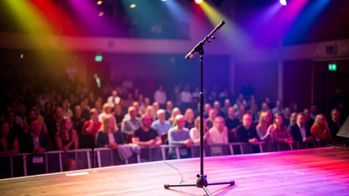 Image générique d'une scène de spectacle avec un microphone et des lumières colorées, ambiance festive.