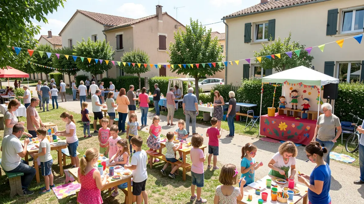 Generic image of a lively neighborhood festival with families and creative workshops.