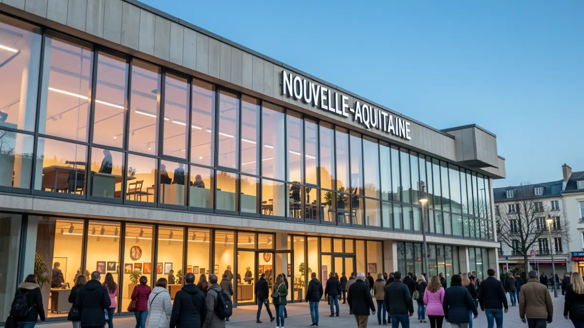 Generic image of a municipal cultural center with a large bay window and an information sign, under a blue sky.
