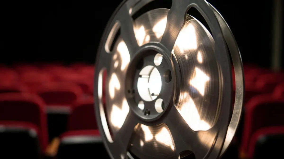 Image générique d'une bobine de film illuminée dans une salle de cinéma sombre.