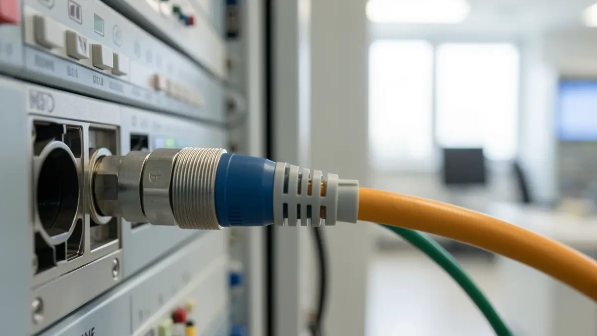 Generic image of a fiber optic cable connector being plugged into a port, with a blurred background of a modern telecommunications room.
