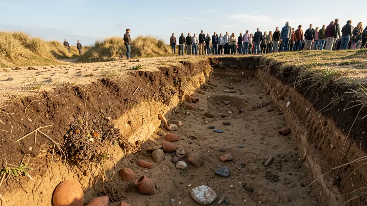 Site de fouilles archéologiques sur la Dune du Pilat, montrant des couches de sol ancien avec des restes de végétation et des tessons de poterie.